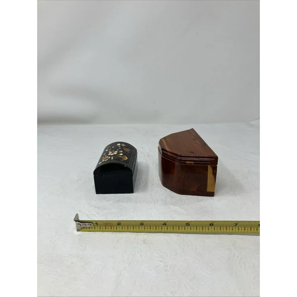 2 Wood Treasure Trinket Box Hinged Lid (Hand Painted Floral Black & Brown Cedar)